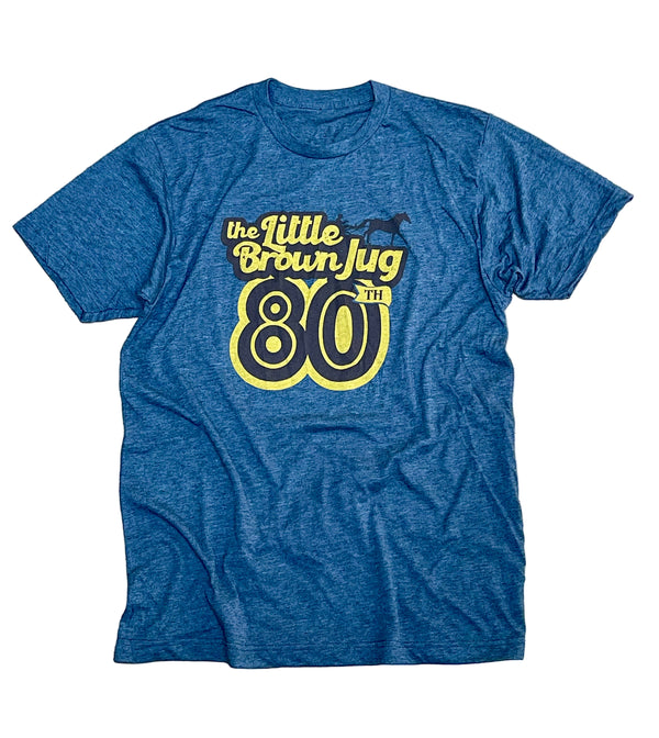 Heather charcoal tee with The Little Brown Jug 80th anniversary design.