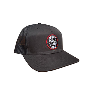 Black trucker cap with the red, white and black Buckeye State patch.