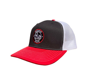 Black and red cap with white mesh back and the red, black and white Buckeye State patch.